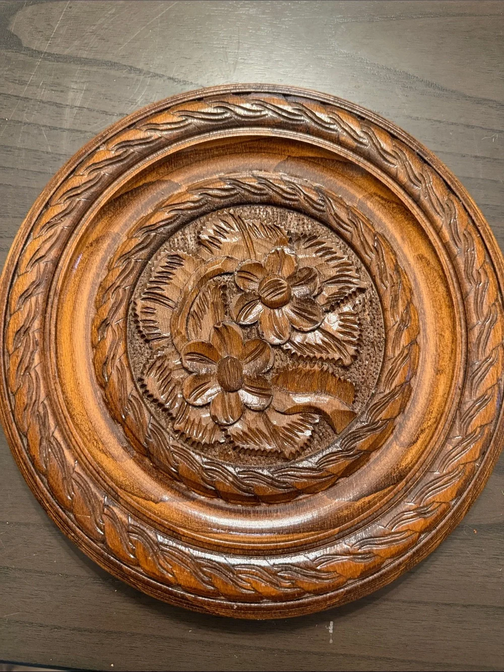 Vintage Hand-Carved Wooden Floral plate- Warm Brown
